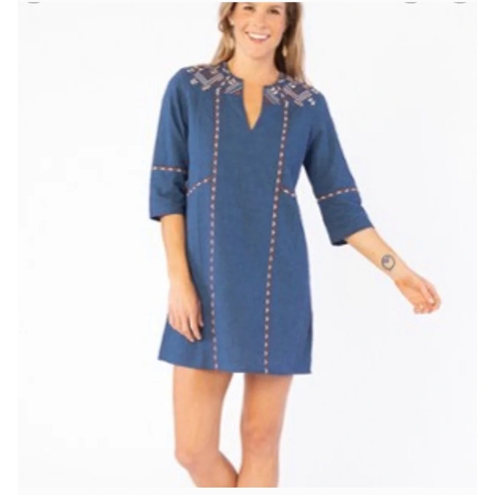 Carve Designs Dress Estrella Indigo Blue Embroidered Linen Cotton‎ Boho Medium